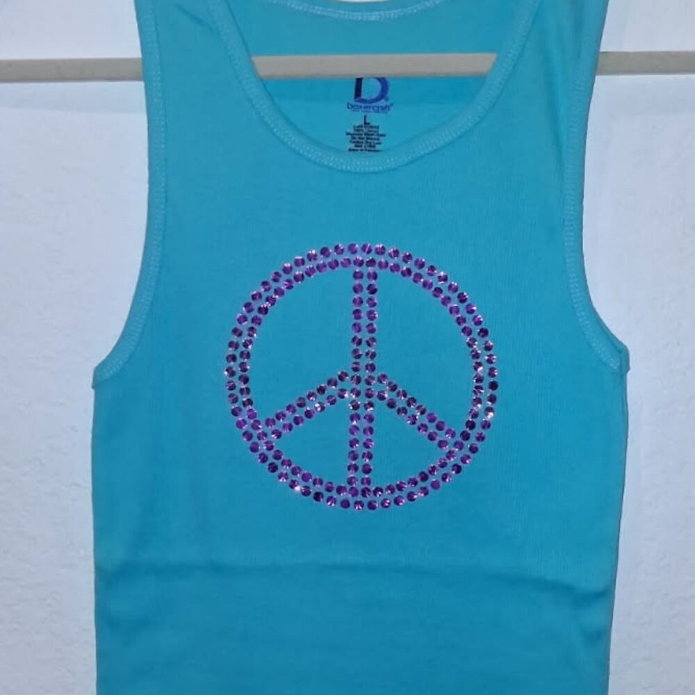 Aqua ribbed tank with peace sign embellishment, Size Large - Picture 2 of 2